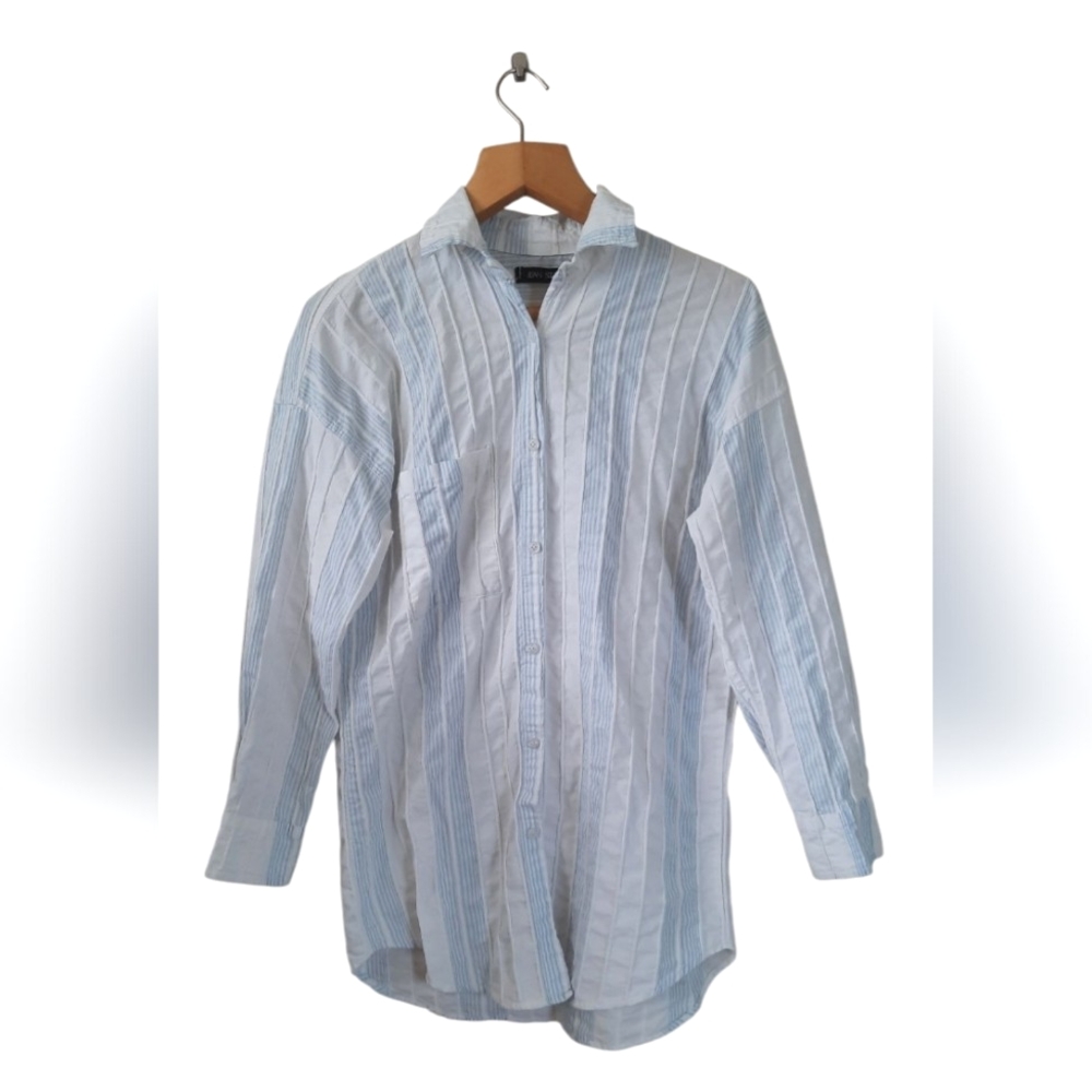 White & Light Blue Textured & Airy Button Down Top